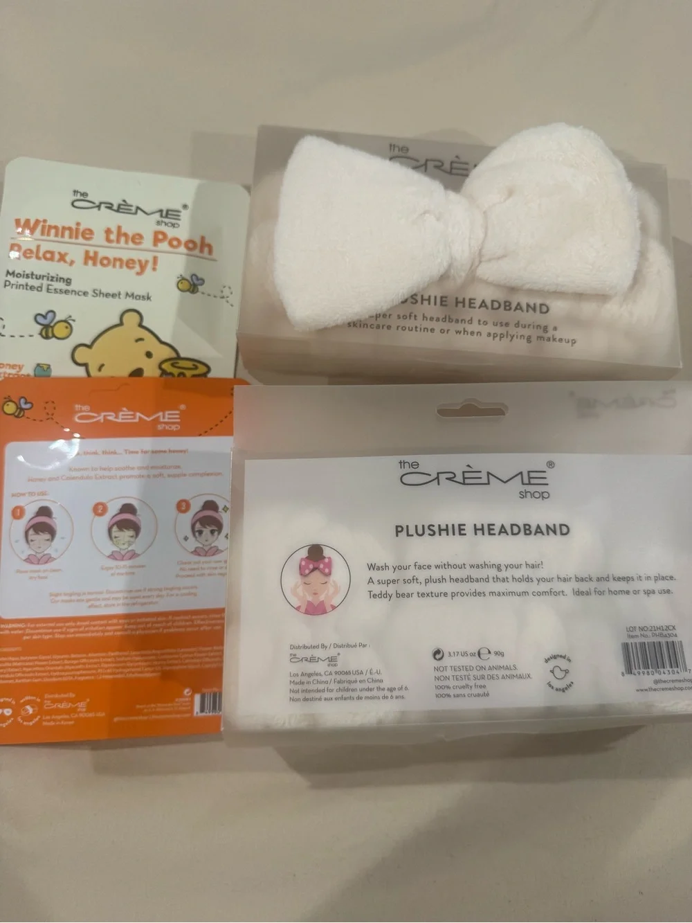 4 piece creme shop beauty Plush Bow Headband Winnie the Pooh Sheet Masks gift